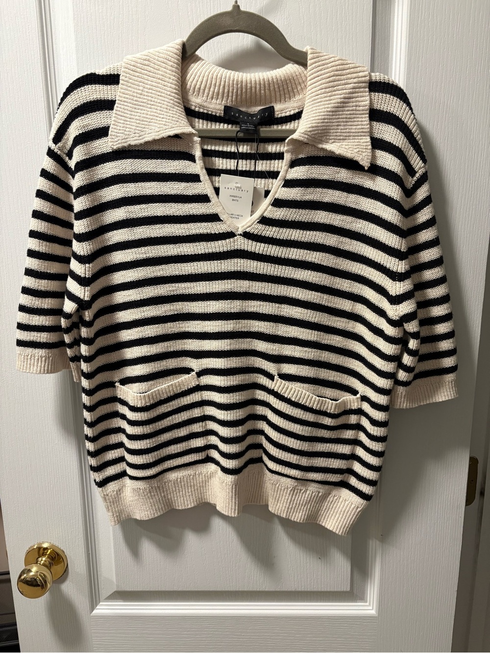 Sanctuary Black and Cream Striped V-Neck Polo Sweater with Pockets